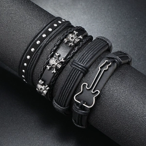 Men's multilayer leather bracelet set with guitar and skull charms in punk rock style