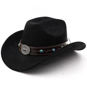 Chapeau de cowboy western noir en suédine avec perles turquoise et emblème étoile d'argent