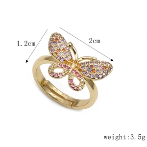 Bague ajustable papillon dorée avec zircons colorés pour femme, style élégant