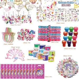 Unicorn themed kids party favors set with 154 pieces of toys and cartoon accessories
