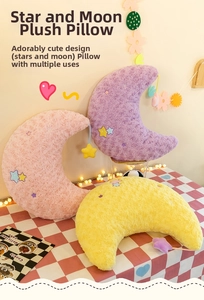 Detailed close-up of crescent moon plush pillows with star embroidery and soft faux fur