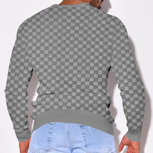 Back view of gray checkered knit sweater with heavy jacquard pattern and long sleeves