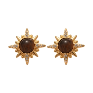 18K gold plated tiger eye pearl stud earrings with sparkling starburst design