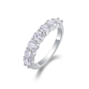 Elegant 925 sterling silver band ring featuring seven round sparkling moissanite gemstones