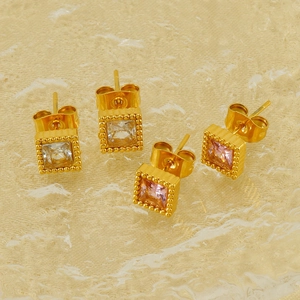 Vintage gold plated square zircon stud earrings with beaded edges in pink and white