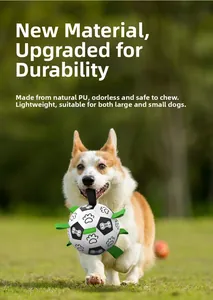 Detail of durable natural PU pet soccer ball with green nylon tabs for active dog training