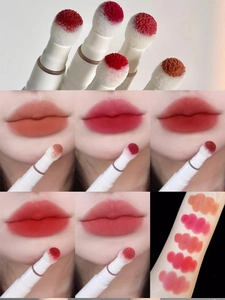 Lip cream set showing matte sponge head swatches on lips and arms for soft fog makeup look