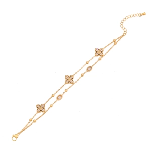 Double-layered gold flower bracelet with crystal accents and pearls in stainless steel