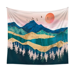 Abstract mountain landscape tapestry with sun and forest for modern wall decoration