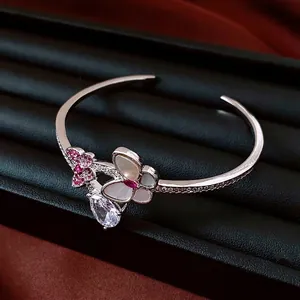 Vintage Butterfly Flower Open Bangle Copper Bracelet With Zirconia And Mother Of Artificial Pearl Shell Elegant Jewelry For Women
