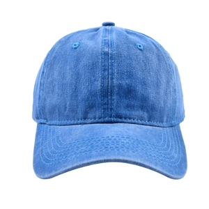 Front view of washed blue denim baseball cap with vintage distressed finish and stitching
