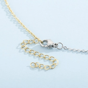 Detailed view of bicolor stainless steel chain with gold extension and silver lobster clasp