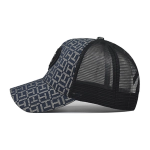 Plaid baseball cap with navy jacquard pattern and breathable mesh back panel