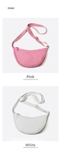 Pink and light beige nylon crescent moon bags with adjustable shoulder straps and top zipper