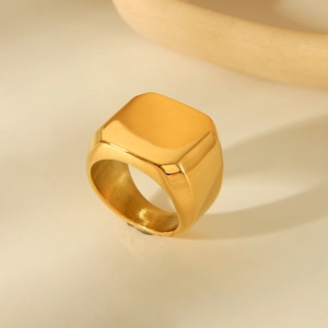Minimalist 18K gold plated stainless steel square ring with a polished wide band finish