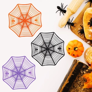Flat lay of colorful plastic spider web baskets for Halloween party treats and decor