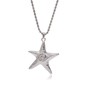 Macro view of silver starfish pendant with spiral texture on twisted rope chain