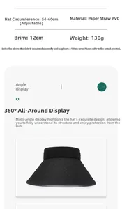 Dettaglio cappello parasole nero con tesa da 12 cm e misura regolabile da 54-60 cm
