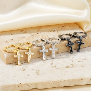 Cross charm hoop earrings set in gold silver and black with cubic zirconia stones