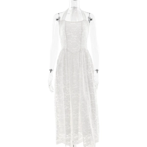 Robe mi-longue élégante en dentelle blanche avec dos nu et broderies florales