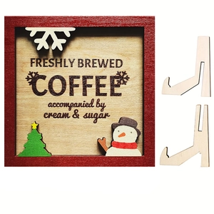 Detailed view of square wooden Christmas coffee plaque with interlocked display stands