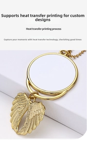 Detail of golden sublimation angel wing pendant with round white DIY heat transfer plate