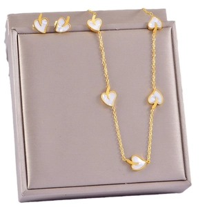 Elegant golden leaf jewelry set with white shell inlay necklace and stud earrings