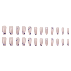 Long ballerina press-on nails with blue wave patterns on a minimalist nude base