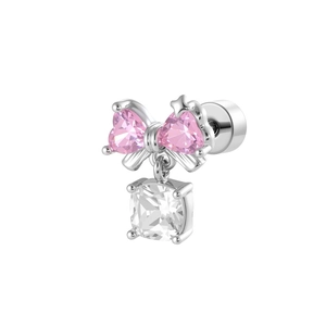 Elegant bow zircon stud earring with pink heart stones and white square pendant