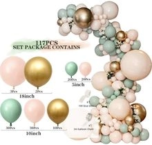 Detailed 117-piece balloon arch kit with sage green, gold, and pink decorative balloons