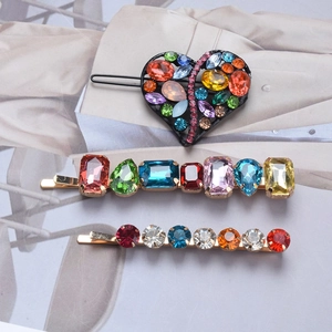 Three-piece hair clip set with colorful rhinestones and crystal heart designs