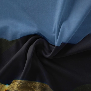 Macro detail of high-quality silky fabric showing artistic oil painting print textures