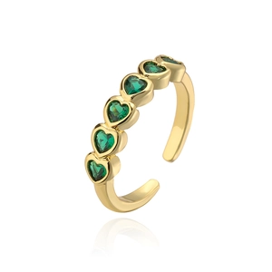 18K gold plated open ring featuring five green heart-shaped zircons on a white background