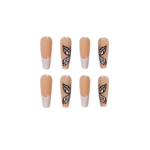 French tip coffin press-on nails with pink base and butterfly wing pattern