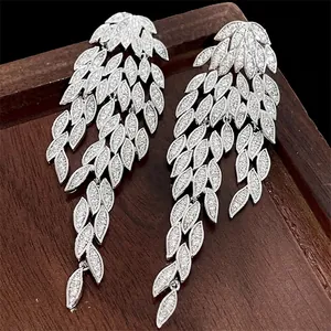 Luxury silver tassel leaf earrings with sparkling cubic zirconia cascading waterfall design