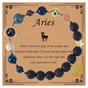 Detail of Aries constellation bracelet with lava stones and blue beads on display card