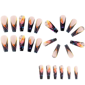 Long trapezoid press-on nails with gradient butterfly patterns and hand-set rhinestones
