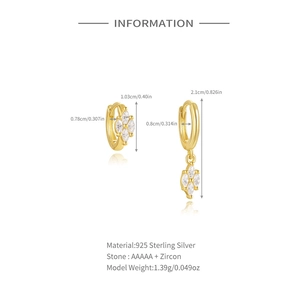 Detailed view of S925 silver gold clover earrings with AAAAA cubic zirconia dimensions
