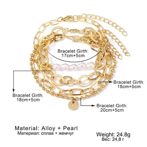 Fashionable 4-piece gold chain bracelet set with imitation pearls and LOVE pendant