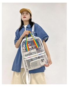 Close-up of clear PVC backpack featuring rainbow top handle and white shoulder straps