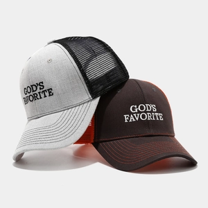 Outdoor breathable mesh trucker hats with God's Favorite embroidery in two colorways