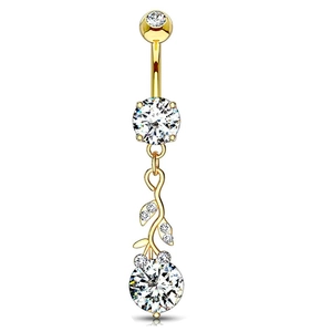 Detailed view of a gold belly ring with sparkling zircon stones and leaf drop design