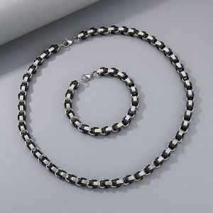 Ensemble collier et bracelet hip hop pour homme en acier inoxydable noir et argenté