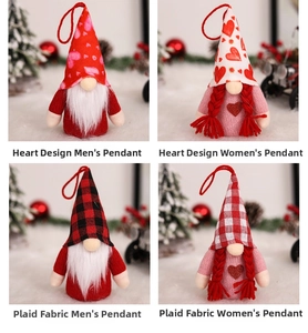Detail view of handmade Valentine gnomes with heart patterns and LED light features