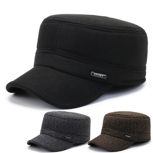 Men Cadet Cap Winter Warm Fleece Lined Wool Blend Military Hat Flat Top Outdoor Sport Ear Flaps Adjustable Casual