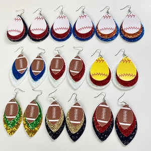 Detail of 15 pairs multi-layered teardrop leather earrings with baseball and football prints