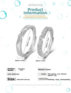 Detailed specs of zircon-inlaid adjustable couple rings with polished copper finish