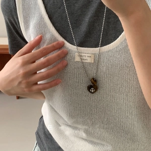 Gothic heart-shaped brown tiger eye stone necklace with silver cross on bead chain