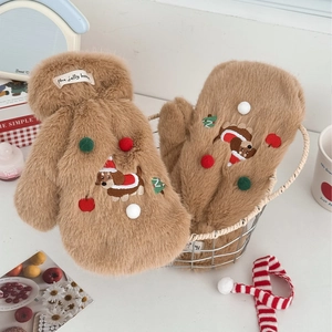 Gants mignons en peluche teckel avec broderie de Noël et pompons 3D pour femmes