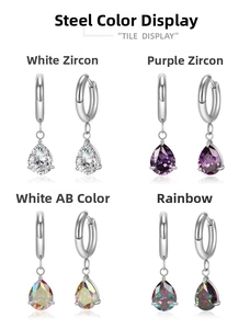 Detail view of water drop zircon earrings in white, purple, AB color and multicolor options